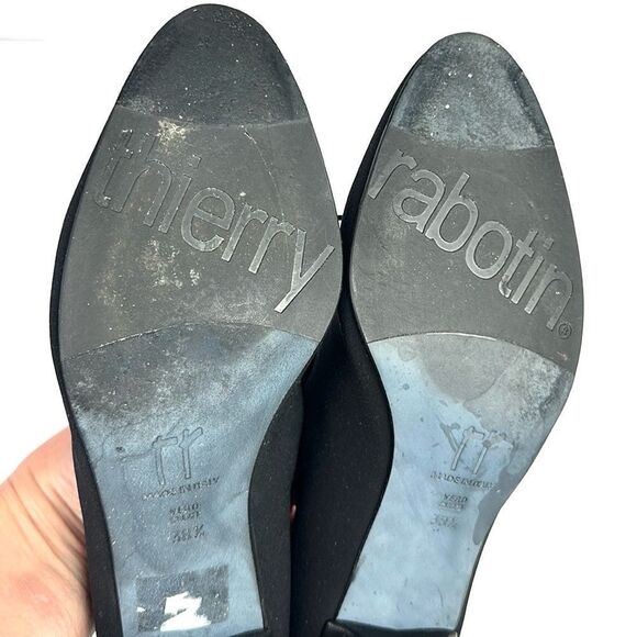 Thierry Rabotin Black Heels Pumps Canvas & Leather Bow Details Italy 38 1/2 US 8 - Picture 13 of 16